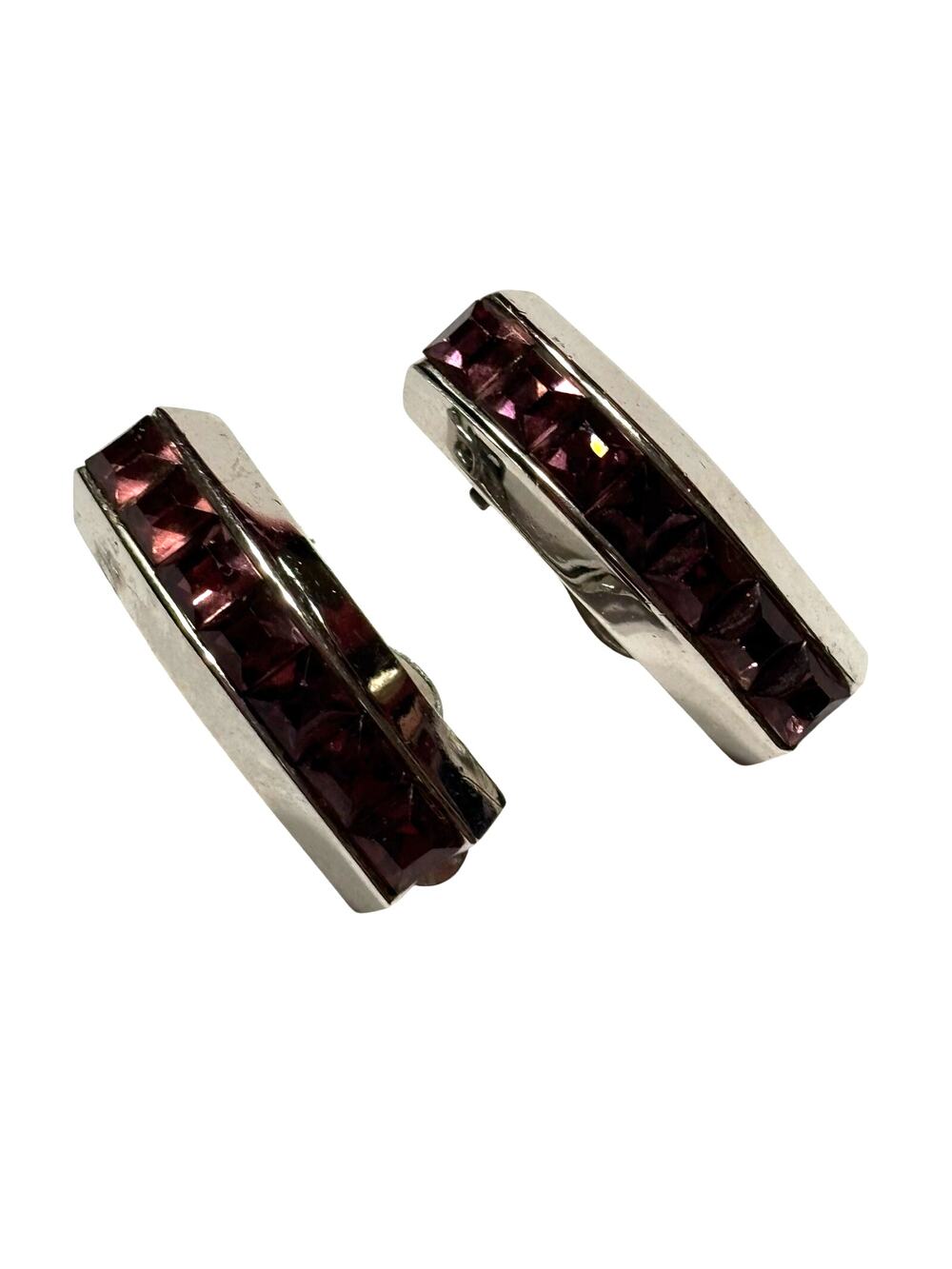 Whiting & Davis clip on earrings Silver & purple channel set rhinestones 1980's